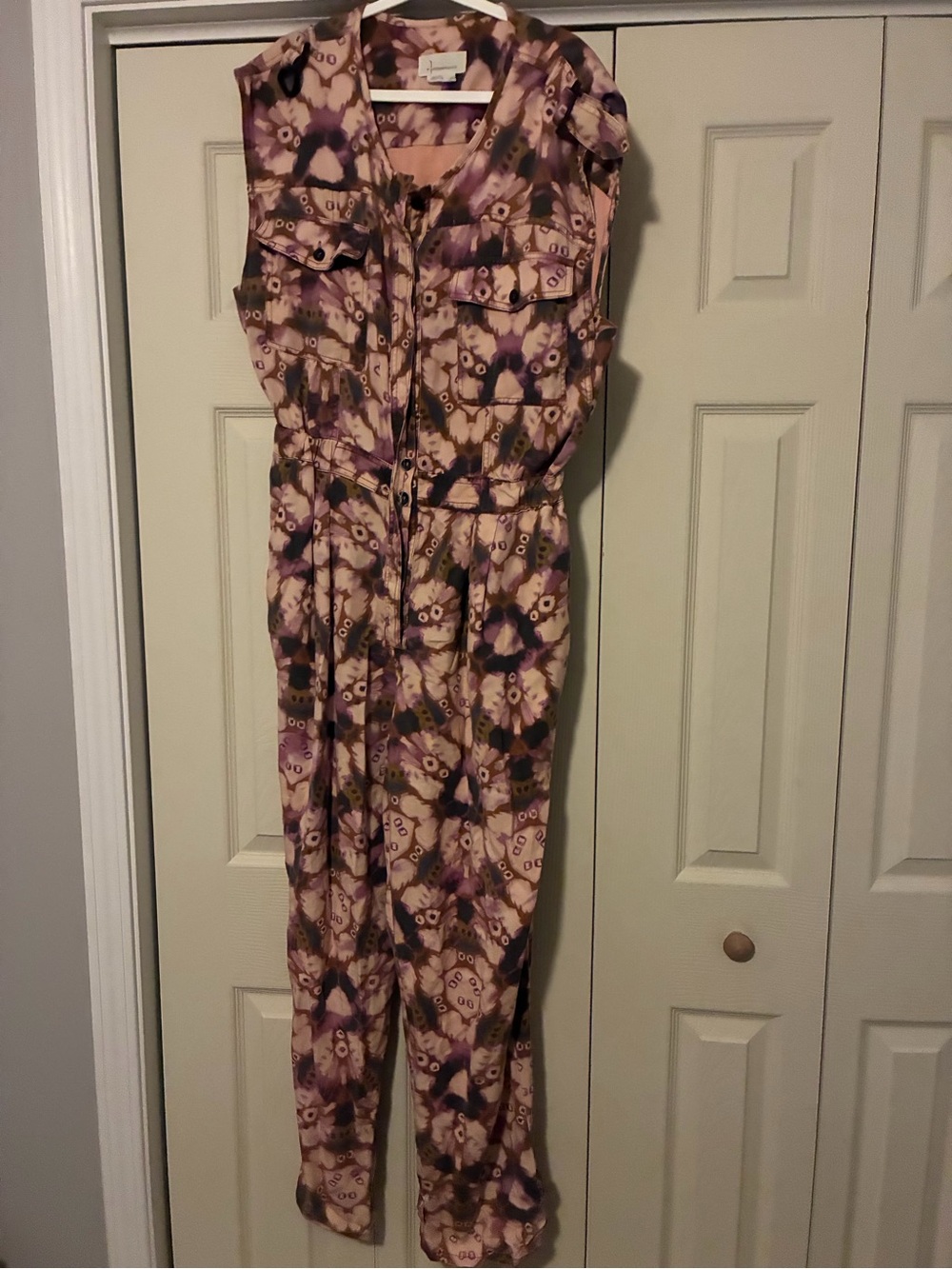 Anthropologie Sleeveless Printed Jumpsuit in Mauve and Cream